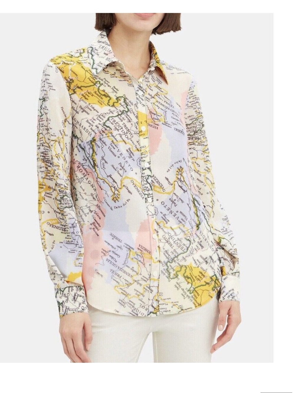 Derek Lam 10 Crosby Map Print Blouse Shirt Italy Button Down Yellow Pink Size 4